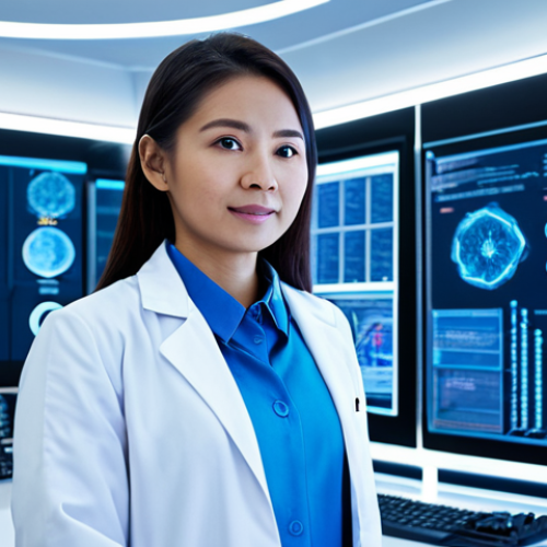 Home 6 A professional Malaysian female scientist in a modest lab coat over appropriate professional attire, fully clothed, standing confidently in a futuristic laboratory. The background features glowing molecular structures, DNA helix models, and advanced AI interfaces displaying complex data visualizations, all bathed in clean white and blue lighting. Subtle elements of traditional Malaysian design are integrated into the modern tech aesthetic of the lab. The image should convey innovation and precision. Professional photography, hyper-detailed, high-resolution, sharp focus, perfect anatomy, correct proportions, natural pose, well-formed hands, proper finger count, natural body proportions, safe for work, appropriate content, professional, family-friendly.
